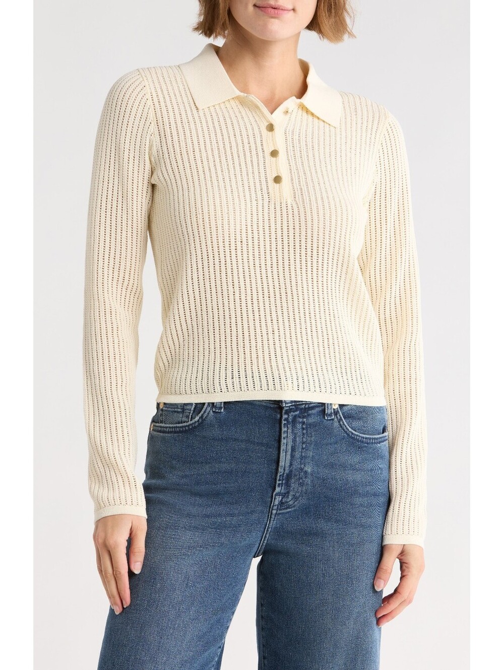 NWT! rag & bone Vivi Long Sleeve Pointelle Stitch Polo in Chalk Size Small